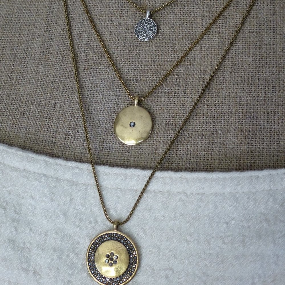 Lucky Brand Tri-Strand Necklace - Antiqued Gold & Silver with Pave